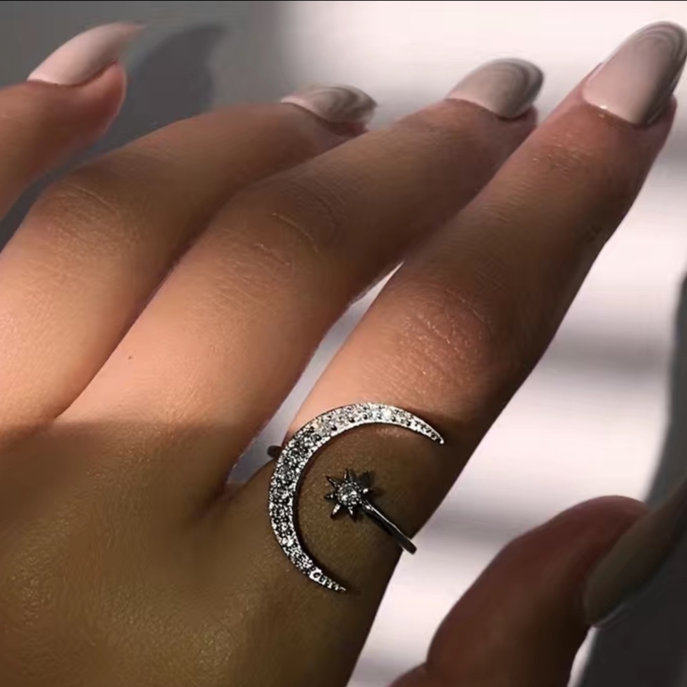 Adjustable Size Cuff Ring Crescent Moon And Star Design Shape Inlaid Rhinestones - Picture 3 of 8